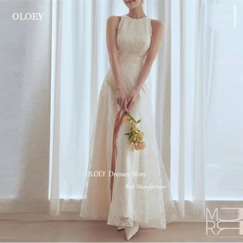 OLOEY Simple A Line Full Lace Korea Wedding Dresses Jewel Neck Split Ankle Length Bridal Gowns Photo shoot Garden