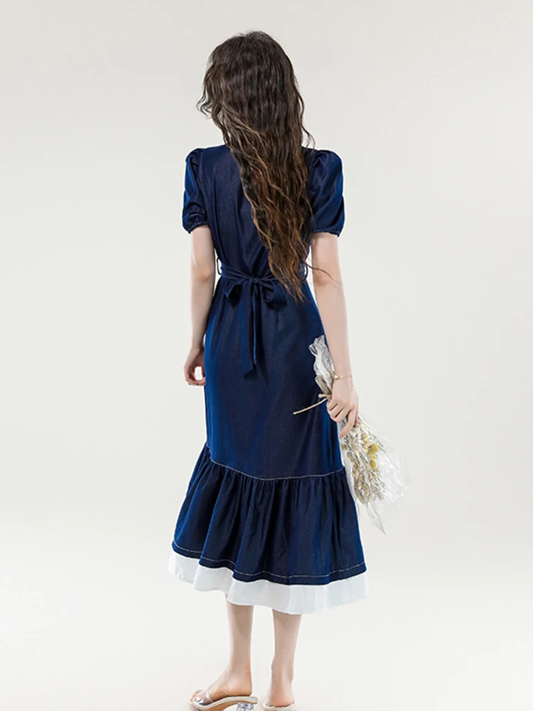 Women Street Clothes Denim Retro Puff Sleeve Single Breasted Belt Slim A-Line Long Dress Elegant Vestidos Robe Casual Sweet New