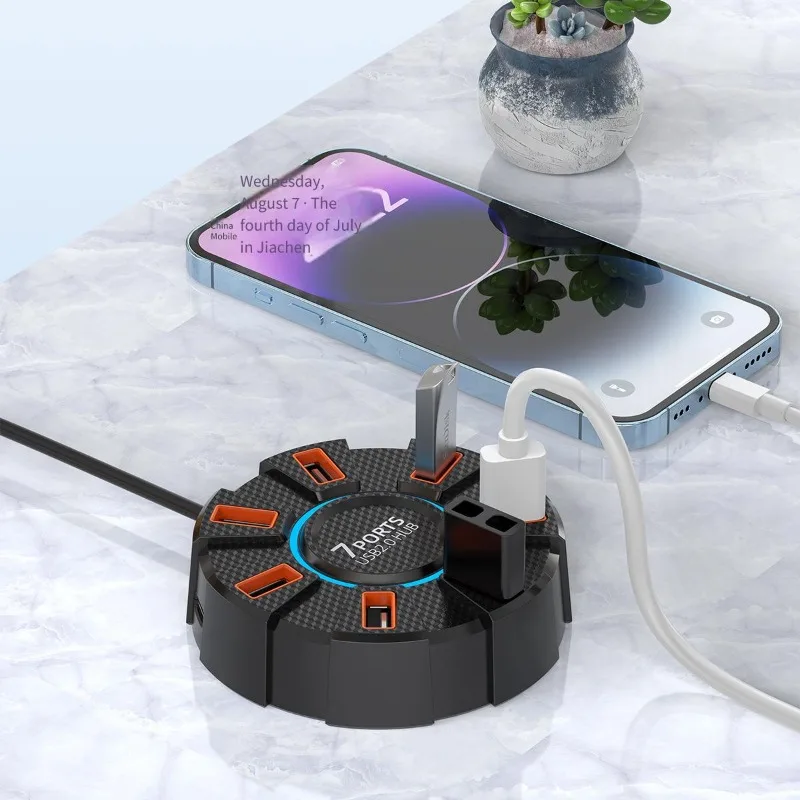 Colorful atmosphere lamp high-speed seven-Port 2.0 hub a pull seven-port docking station can be external power supply