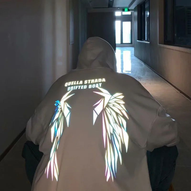 Reflective Male Hoodie Hip Hop Overfit New in No Brand Y2k Vintage Novelty and Simple 90s Tops Fleeced Men's Hooded Sweatshirt