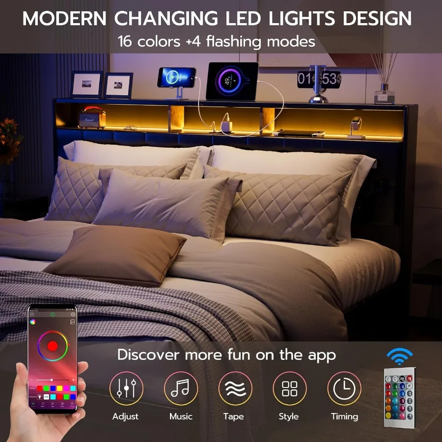 إطارات سرير كاليفورنيا كينج مع 4 أدراج تخزين مخفي اللوح الأمامي منجد كال كينج LED منصة السرير مع شحن TypeC St