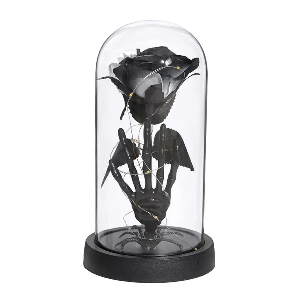 Charming Halloween Home Decor Handmade Halloween Decor Eternal Black Roses Light-up Skull Glass Cloche for Halloween for Kitchen