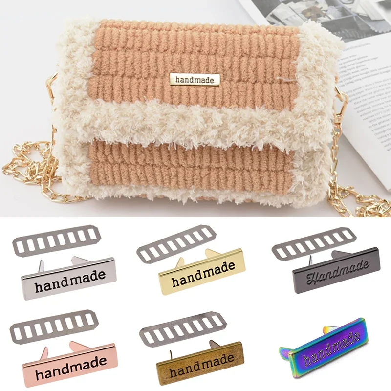 10pcs Metal Handmade Garment Label Tags Rose Gold Color Rectangle For Clothing Bags DIY Hand Made Letter Sewing Craft Decoration