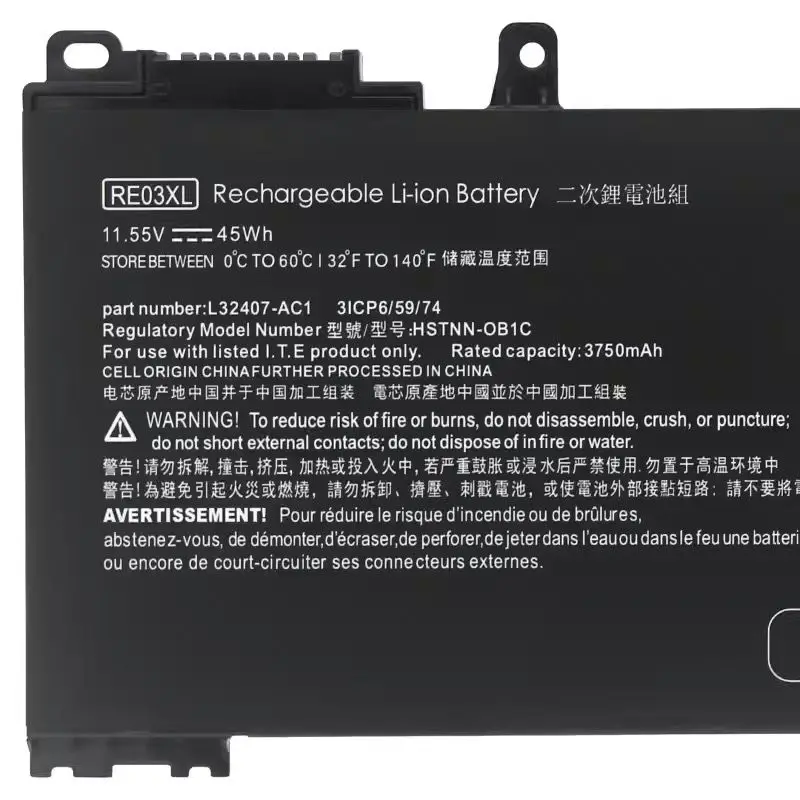 แบตเตอรี่แล็ปท็อป RE03XL สำหรับ HP ProBook 430 440 445 450 445R 455R G6 G7 HSTNN-OB1C HSTNN-UB7R L32407-541 L32407-AC1 11.55V 45Wh