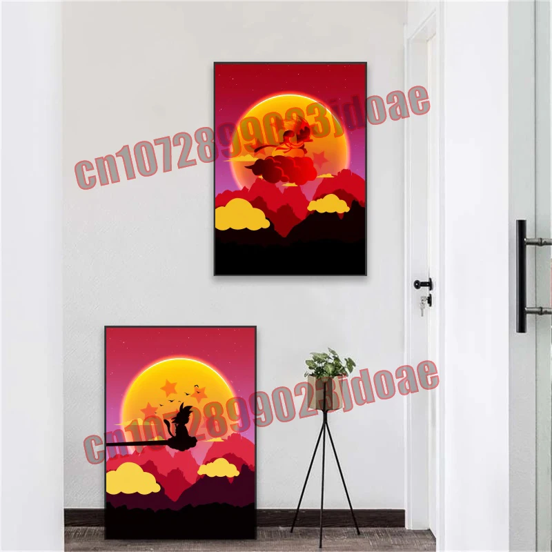 Anime Dragon Ball Goku Kakarot Vegeta puesta de sol figura costera silueta HD pintura en lienzo sin marco accesorios para el hogar el mejor regalo