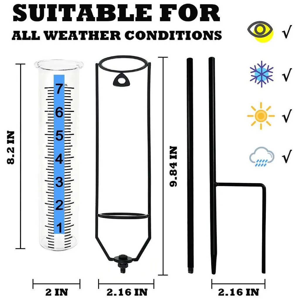 Outdoor Rain Gauge Antifreeze Thickened Transparent Rain Gauge with Stak Adjustable Height Measuring Tools for Lawn Garden Decor