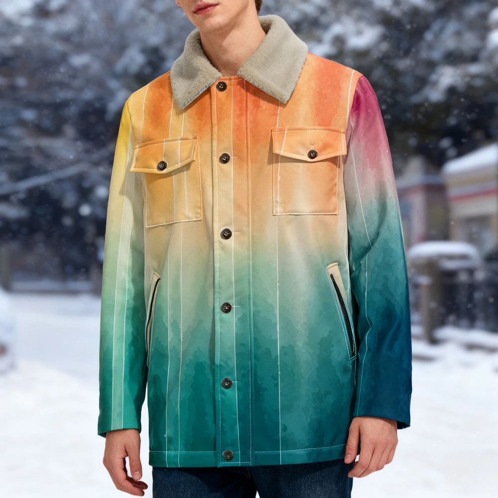 

Куртка унисекс с градиентными цветными блоками, искусственный воротник из овчины, винтажные пуговицы, уличная одежда большого размера, пальто, трендовая верхняя одежда, карманный дизайн