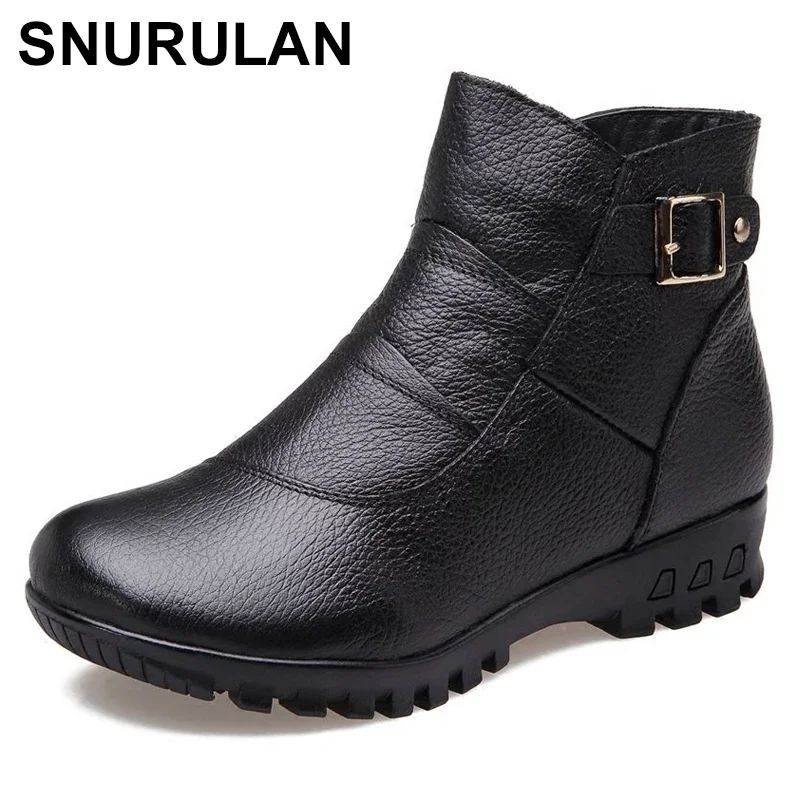 

SNURULAN Fashion Winter Boots Women Genuine Leather Flat Ankle Warm Boots Woman Snow Comfortable Plus Size Boots Women Shoes