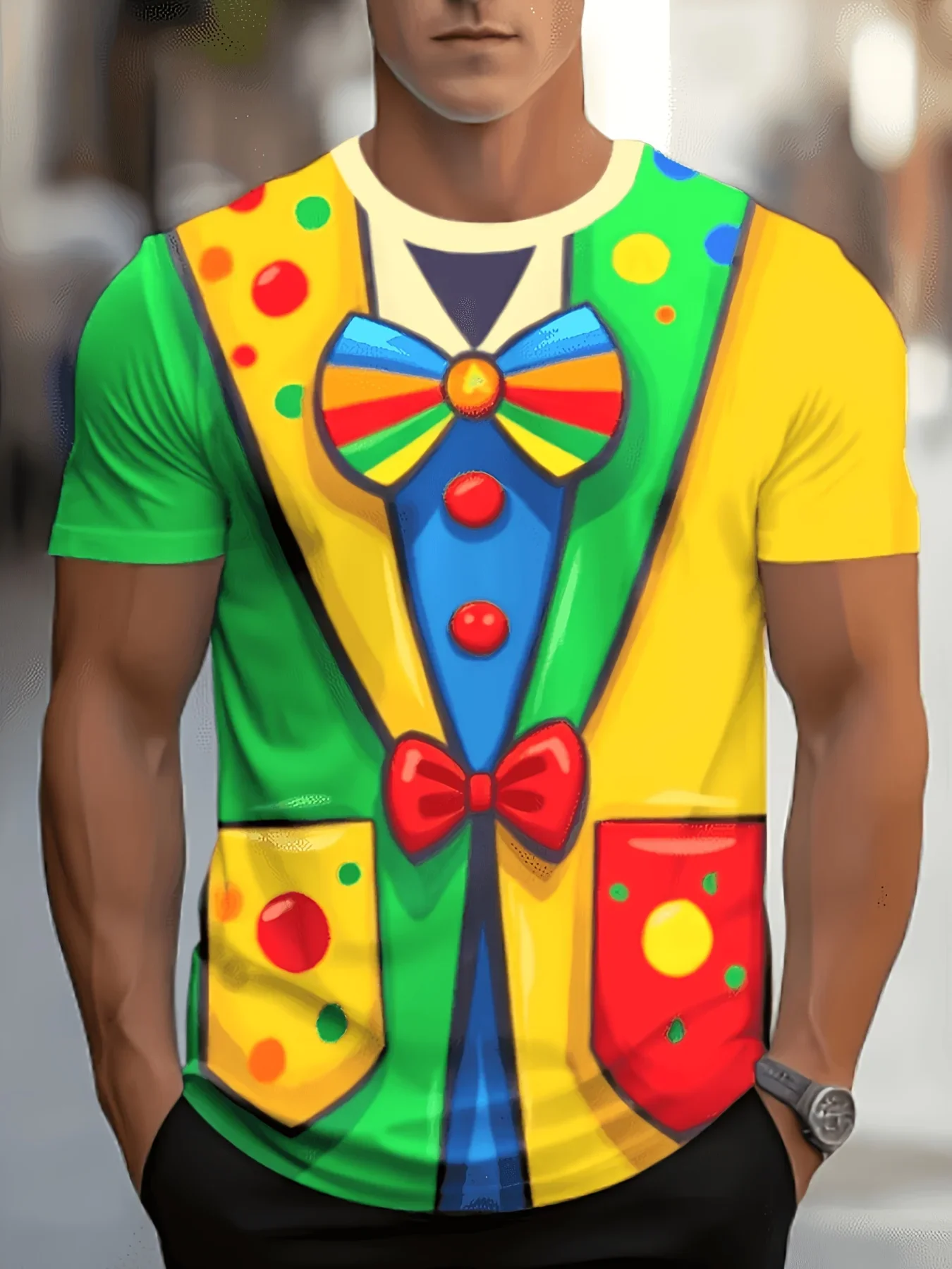 Men Funny Clown Suit Fake Vest Bow Tie 3D Graphic T Shirt Colorful Polka Dot Crew Neck Short Sleeve Party Carnival Tee Tops