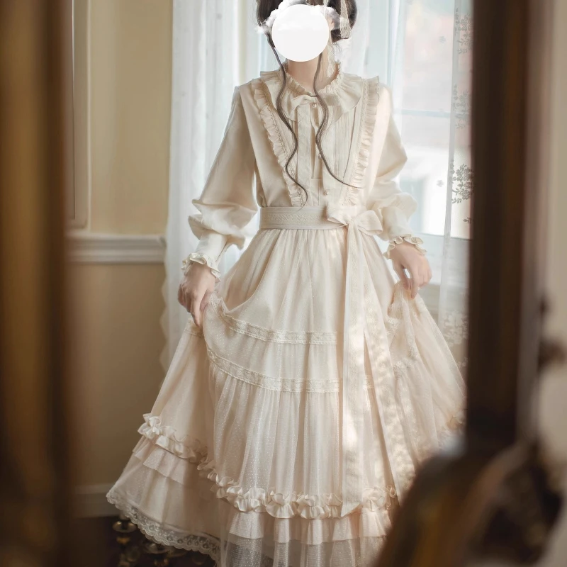 French Elegant Lolita Princess Tea Party Long Dress JSK Spring Autumn Women's High Waist Slim Lace Edge Sleeveless Dress Shirt