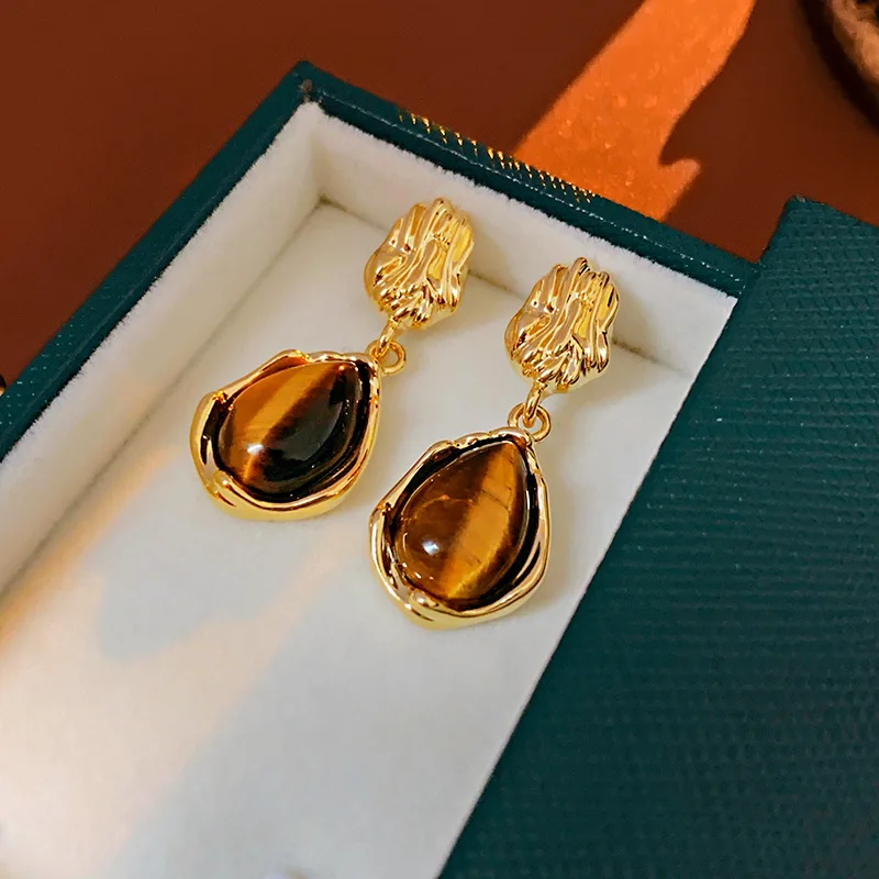 Maillard Translucent Tiger Eye Stone Stud Earrings Vintage Irregular Water Drop Ear Studs for Women Trendy Ear Jewelry Gifts F image 5