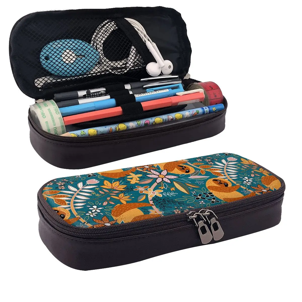 Happy Boho Sloth - Estuches de cuero florales para lápices, soporte para bolígrafos, suministros de papelería, caja para bolígrafos, bolsa para lápices, regalos para estudiantes