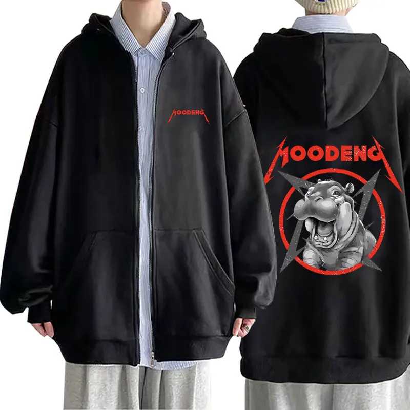 Moo Deng Gothic Rock Heavy Metal Zipper Hoodie Baby Hippo Funny Meme Zip Up Jacket Men Women Fashion Oversized Zip Up Hoodies