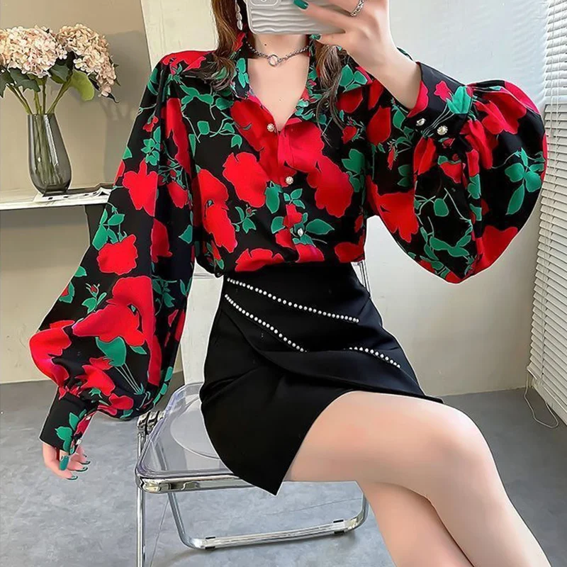 Spring Autumn Floral Printed Casual Fashion Shirt Female Lantern Long Sleeve Blouse Ladies Vintage Loose All-match Cardigan Top