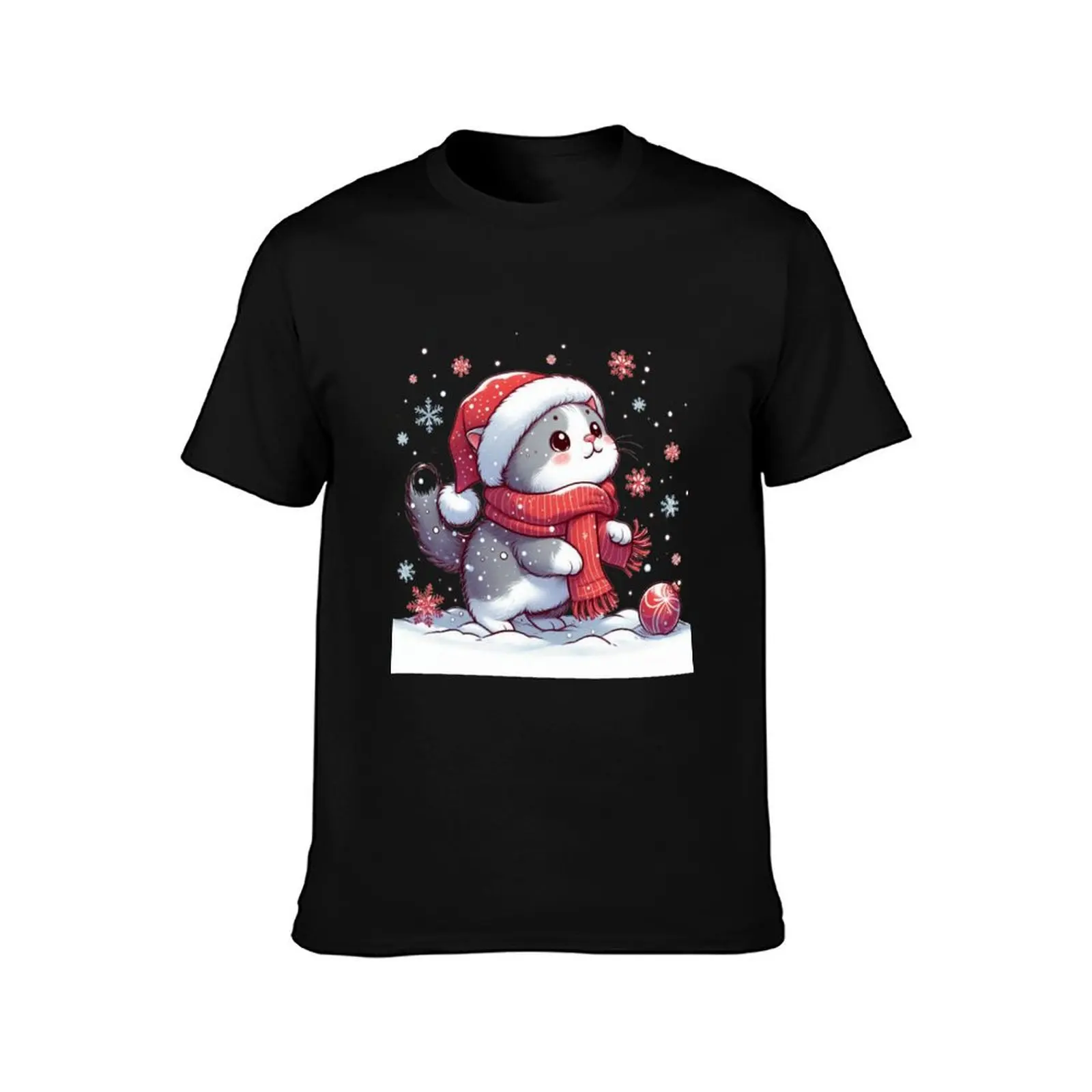 Cozy holiday with cute christmas cat in santa hat with snowflake T-Shirt graphic t shirts for man T-Shirt