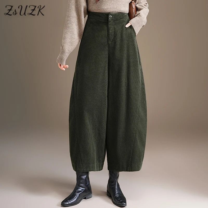 ZUZK Chic Loose Corduroy Barrel Pants New Elastic Waist  Lady Autumn Winter Fashion Warm Pants Elegant Trousers Baggy Pants