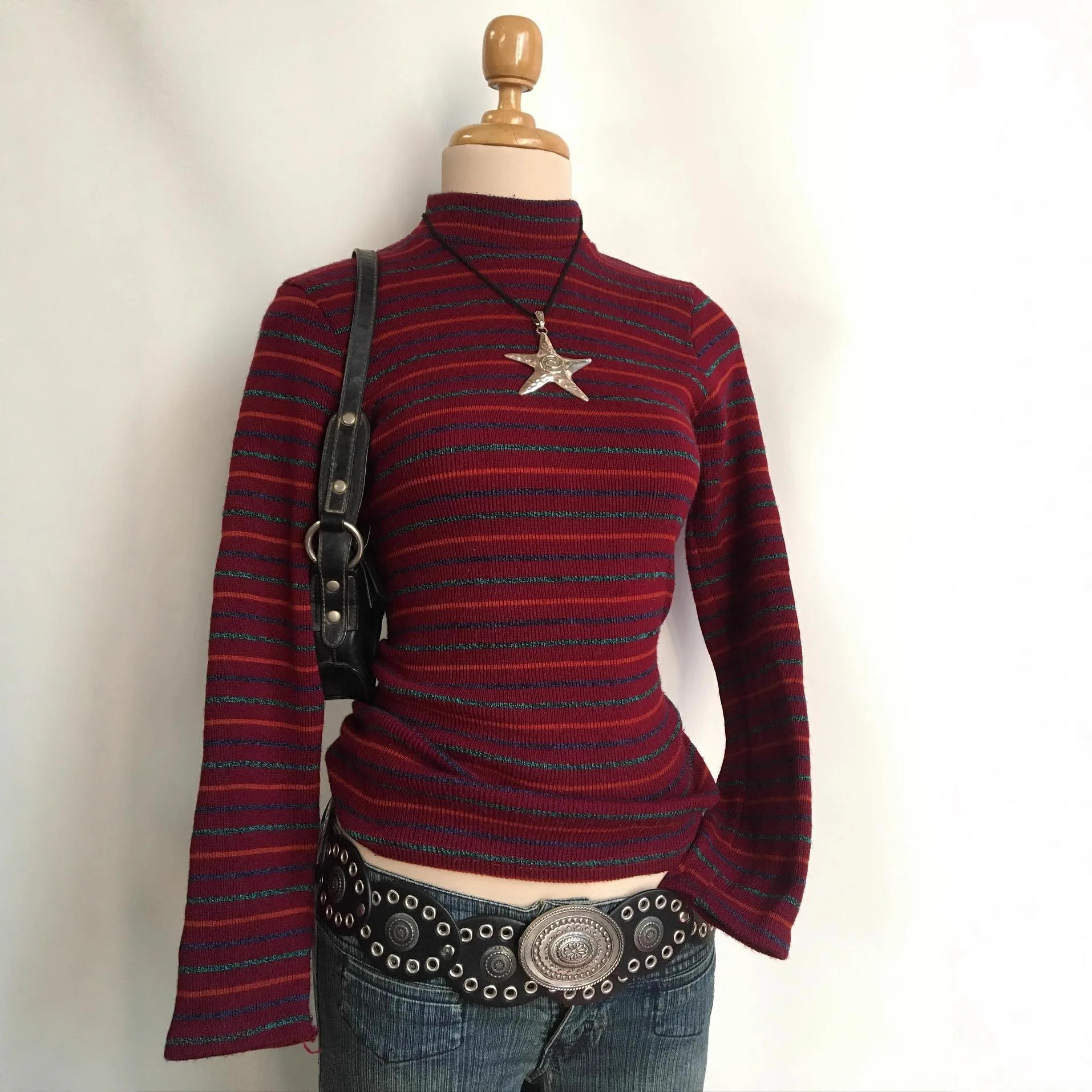 2026 Autumn New Striped Star Color Matching Sweater Semi-turtleneck Versatile Knitted Thin Women's Sweater