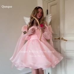 Qunque Short Pink Organza Prom Dresses Above Length Puff Sleeves Bows Mini Cocktail Dresses Customized Vestido Para Graduacion