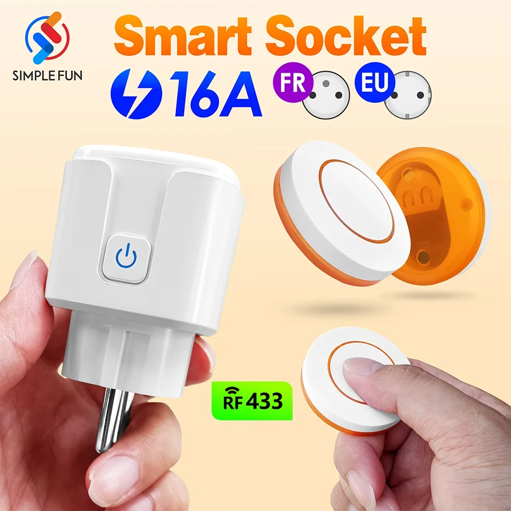 433Mhz EU FR Wireless Remote Control Plug 16A 220V RF Smart Socket Mini Round Remote,Electrical Outlet for Home Appliance ON/OFF