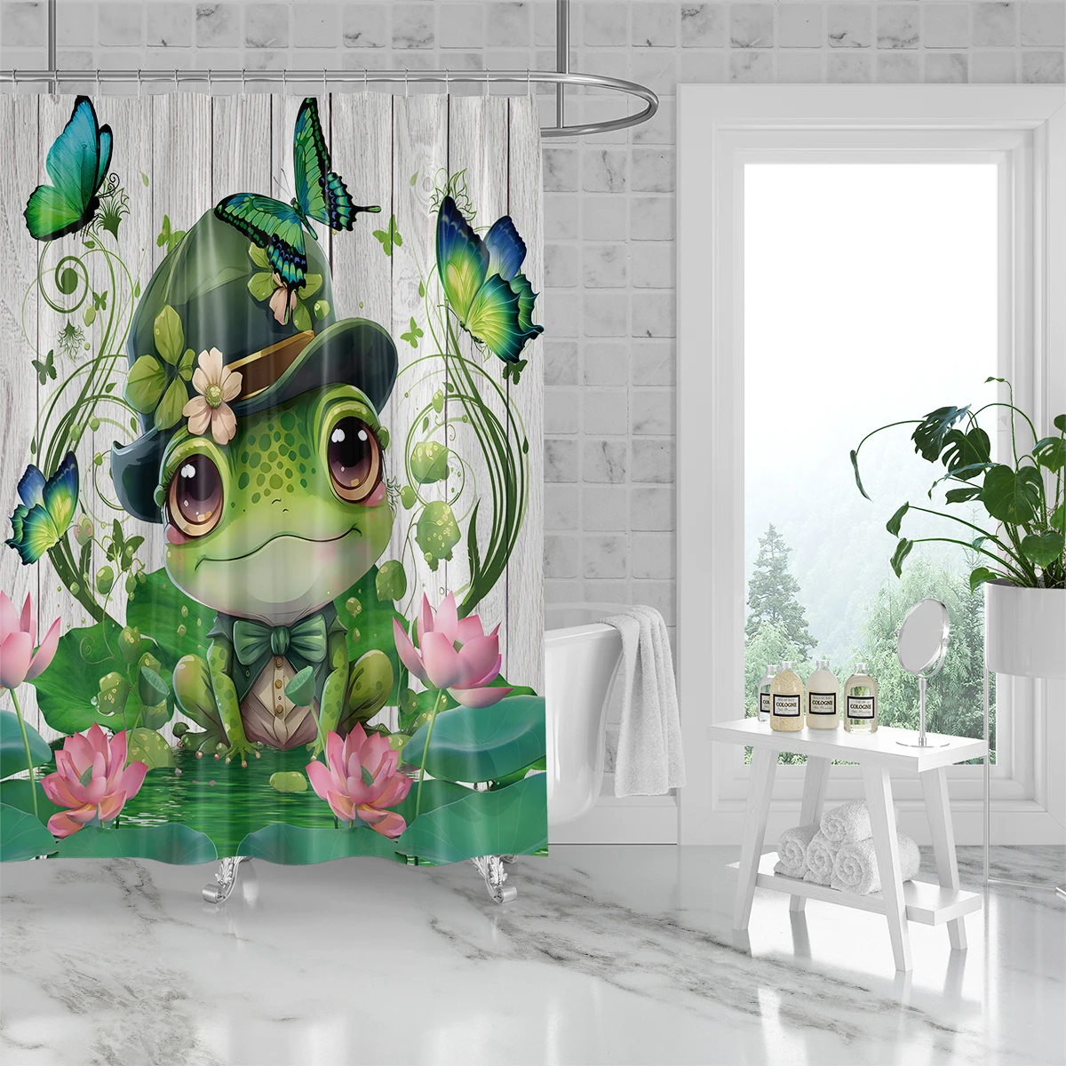 Rural Style Lotus Pond Frog Pattern Decor Fabric Bathroom Waterproof Shower Curtain With12 Pack Hooks