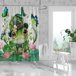 Rural Style Lotus Pond Frog Pattern Decor Fabric Bathroom Waterproof Shower Curtain With12 Pack Hooks