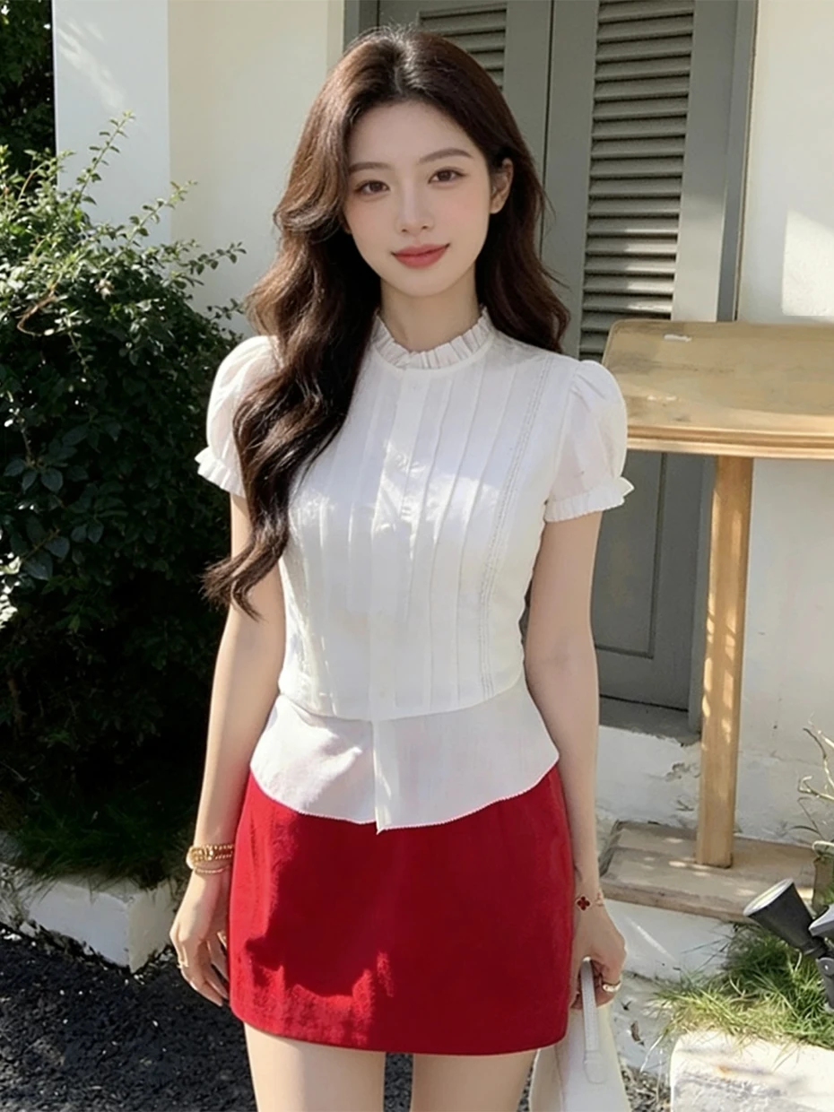 

Женская белая рубашка с рукавами-фонариками, приталенный крой, корейский стиль, повседневная мода, короткий рукав, воротник-лепесток