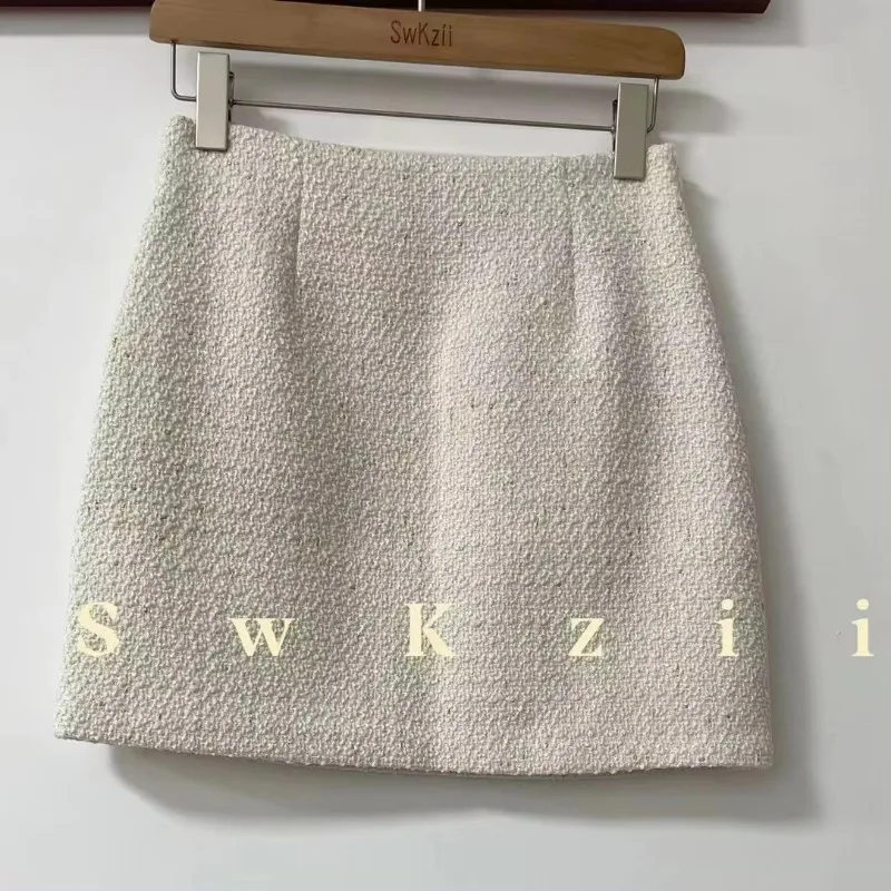 Women Skirts Beige Inlaid Gold Thread Tweed Skirt