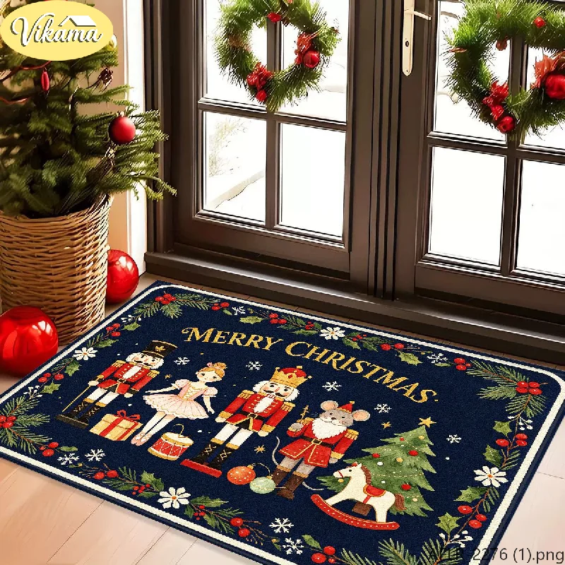 VIKAMA Christmas Doormat Nutcracker Tree Rocking Horse Blue Coir Entrance Doormat for Outdoor Front Door Porch Xmas Home Decor