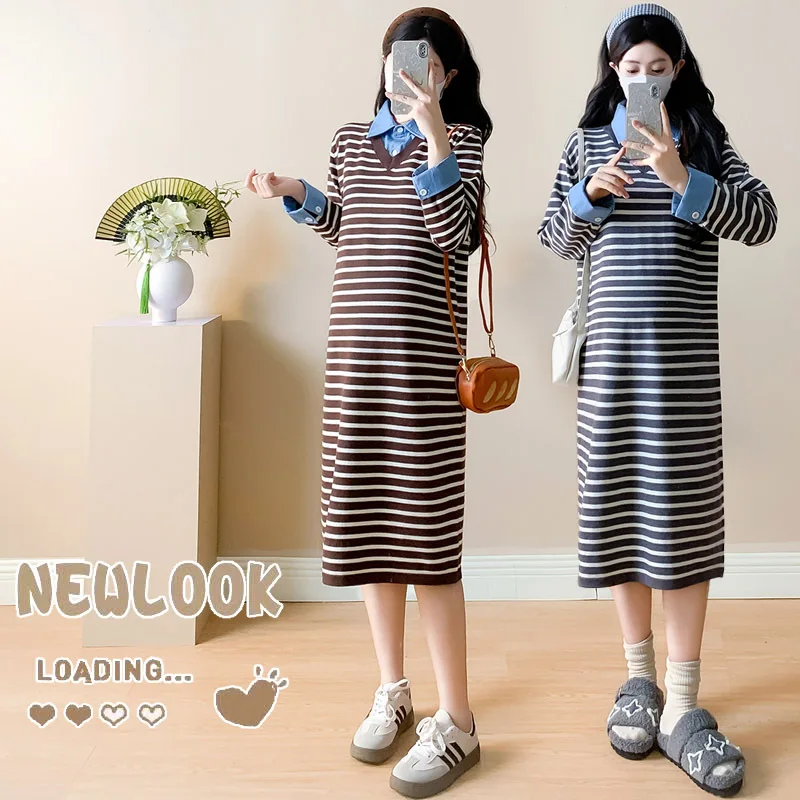 abito-premaman-2025-primavera-e-autunno-nuovo-casual-minimalista-versatile-allentato-manica-lunga-colletto-a-righe-polsino-con-giunture-abito-in-maglia