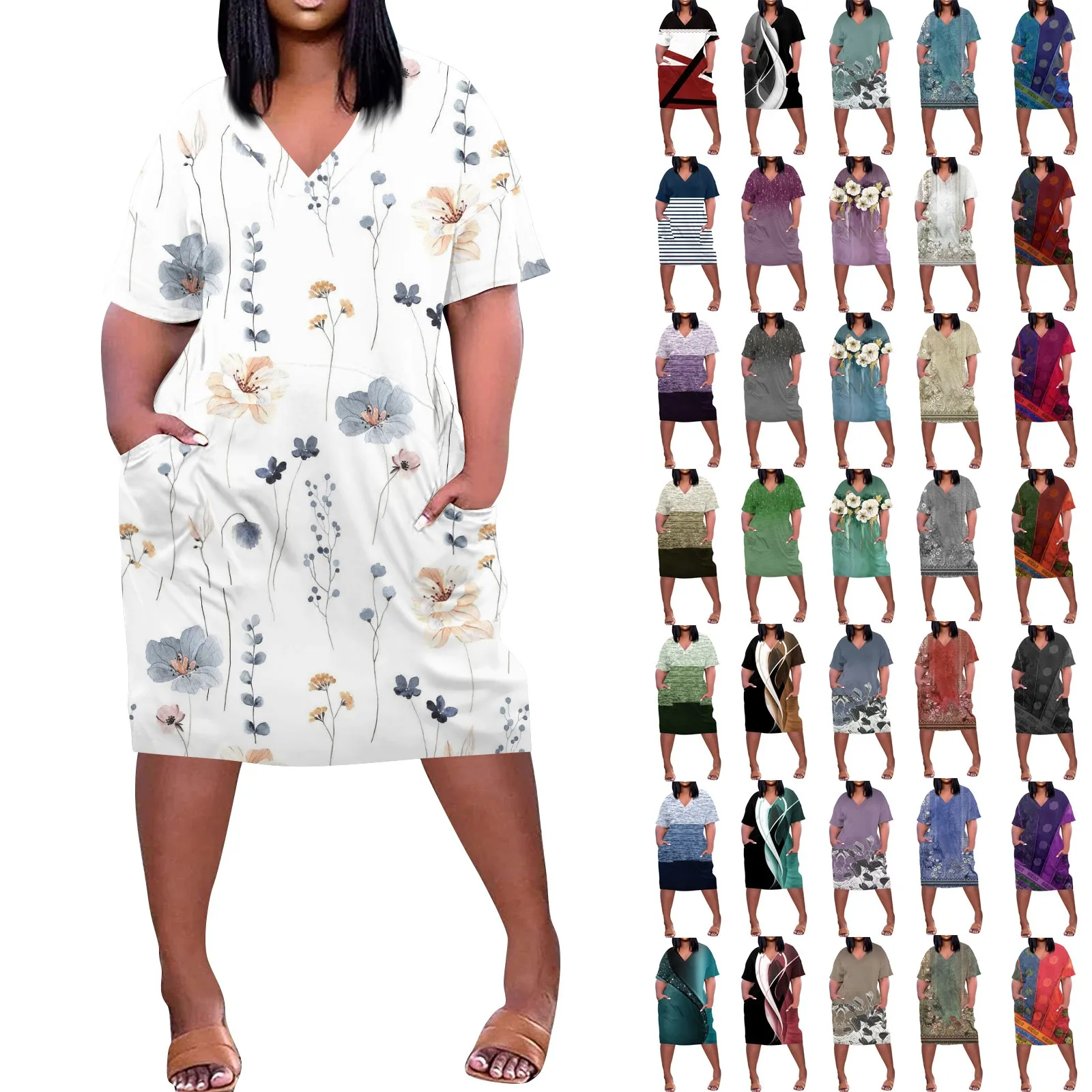 Gaun acara Formal elegan gaun panjang lutut motif modis untuk wanita 2024 V-Neck lengan pendek rok Longos