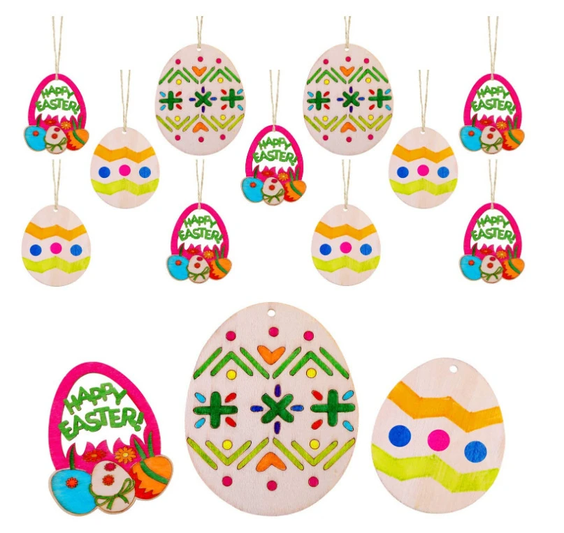 10pcs DIY 나무 계란 펜 던 트 중공 공예 부활절 매달려 장식 행복 한 부활절 홈 파티 장식 어린이 그림 선물