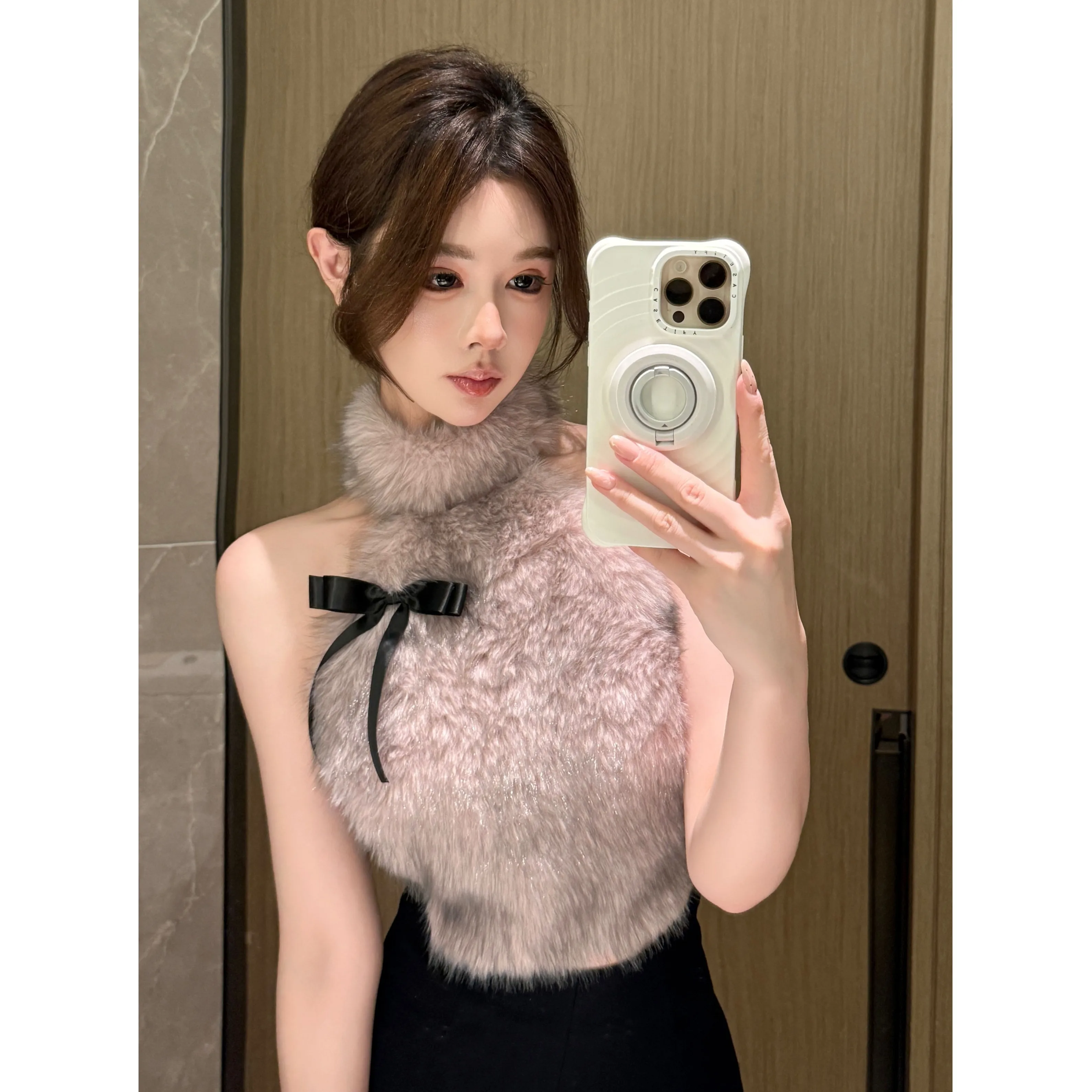 Autumn Winter High Collar Sleeveless Faux Fur Patchwork  Knot Halter Neck Base Shirt Spicy Girl Top Women's Fashion
