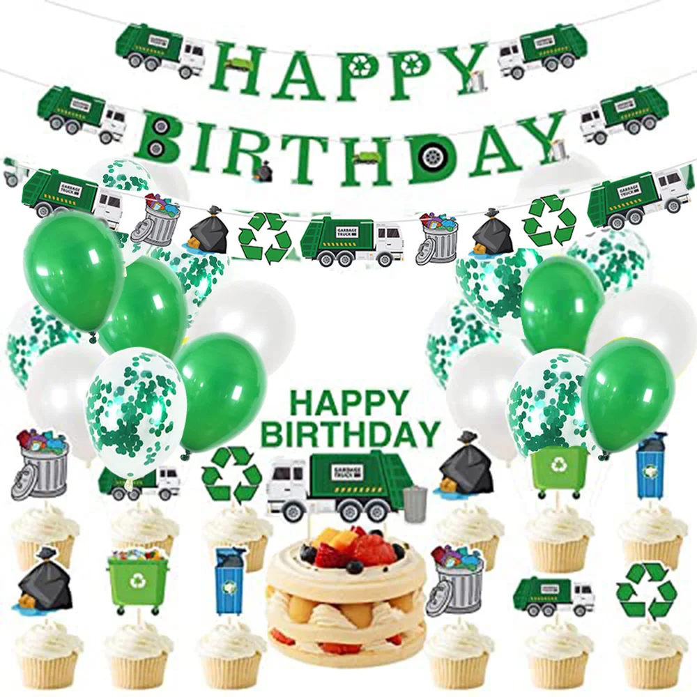 32 Pcs Garbage Truck Party Supplies Trash Birthday Banner Truck Themed Balloons Cup Cake Toppers Waste Management Recycling