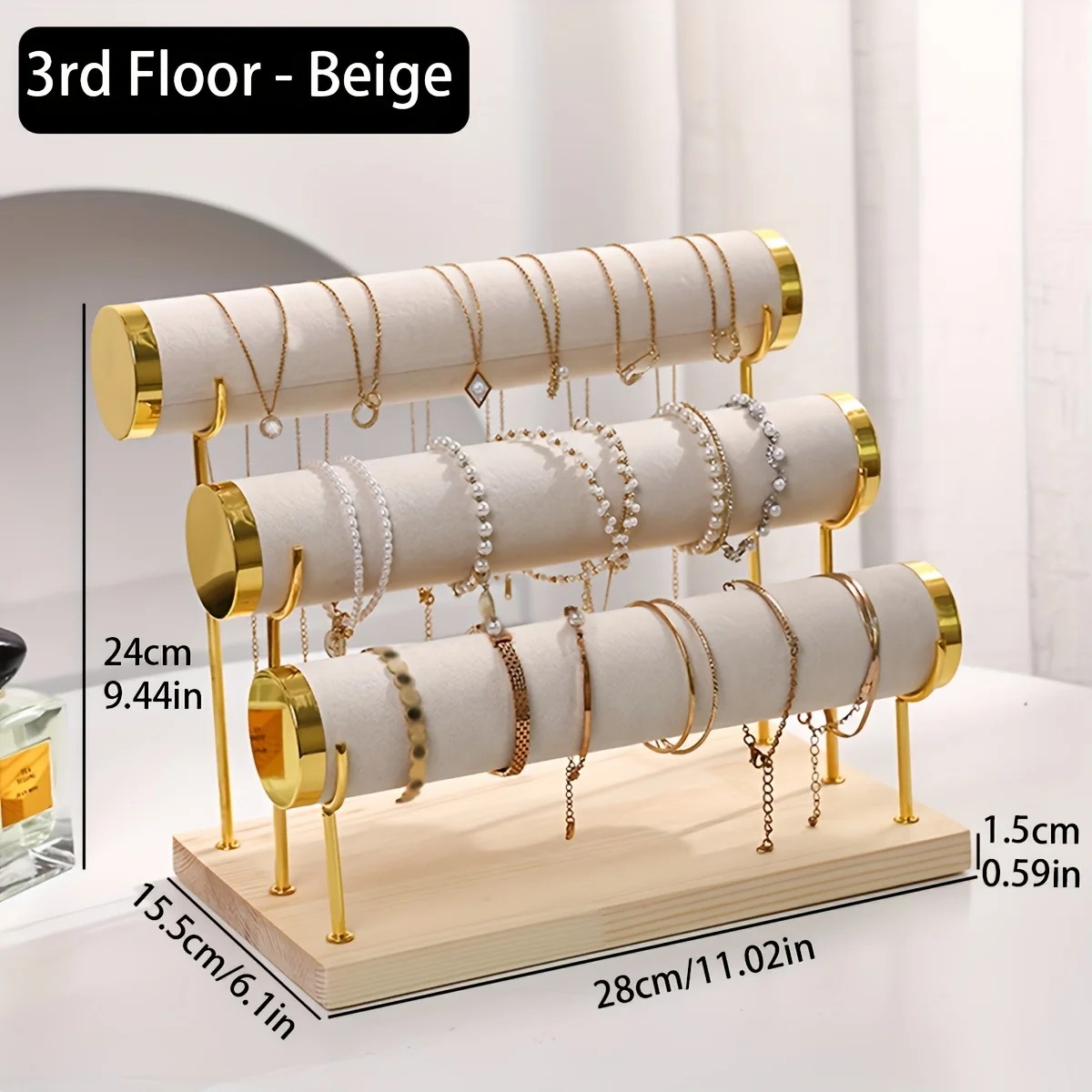 Gold Rim Velvet Bracelet Display Stand, Multi-Tier Wooden Base Jewelry Holder for Bangles Necklaces - view 4