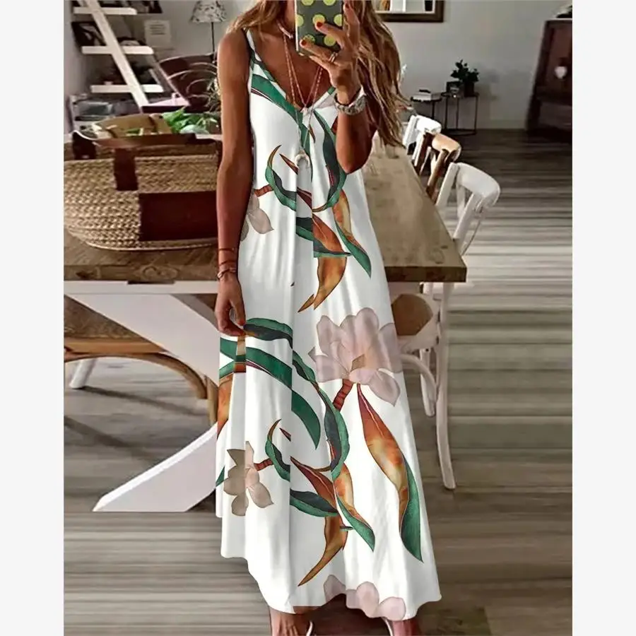 فستان نسائي صيفي طويل مطبوع كاجوال Dr Sweet Sle عالي الخصر V-Ne Svel على شكل حرف a زهور نباتية عزر