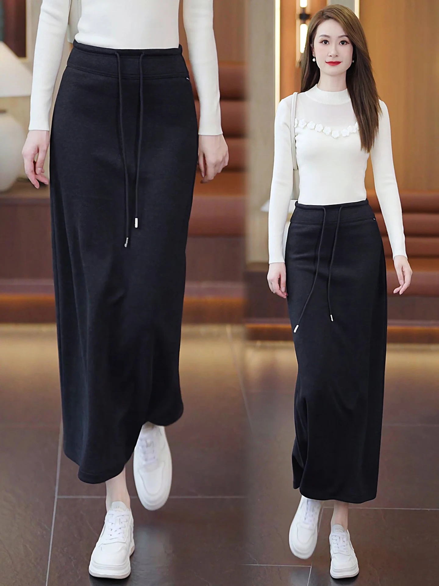 

Cashmere Wrap Bodycon Skirt Women's Autumn Winter Straight Leg Long Skirt High Waist Slimming Drapey Wool Blend Skirt