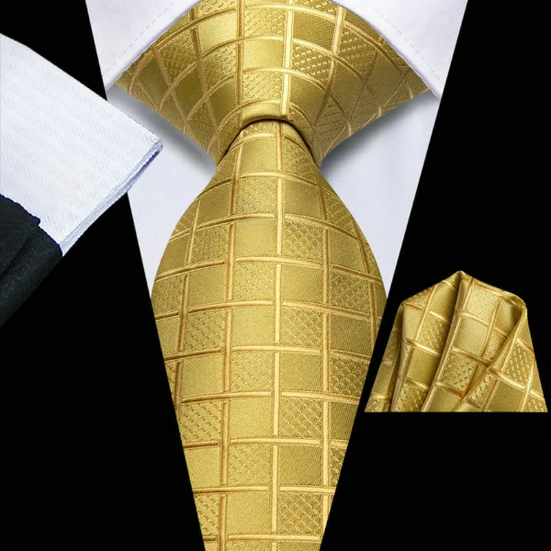 VerveRow Men Gold Plaid Tie and Pocket Square Set, Classic Check Pattern Silk Necktie Formal Business Wedding Accessory