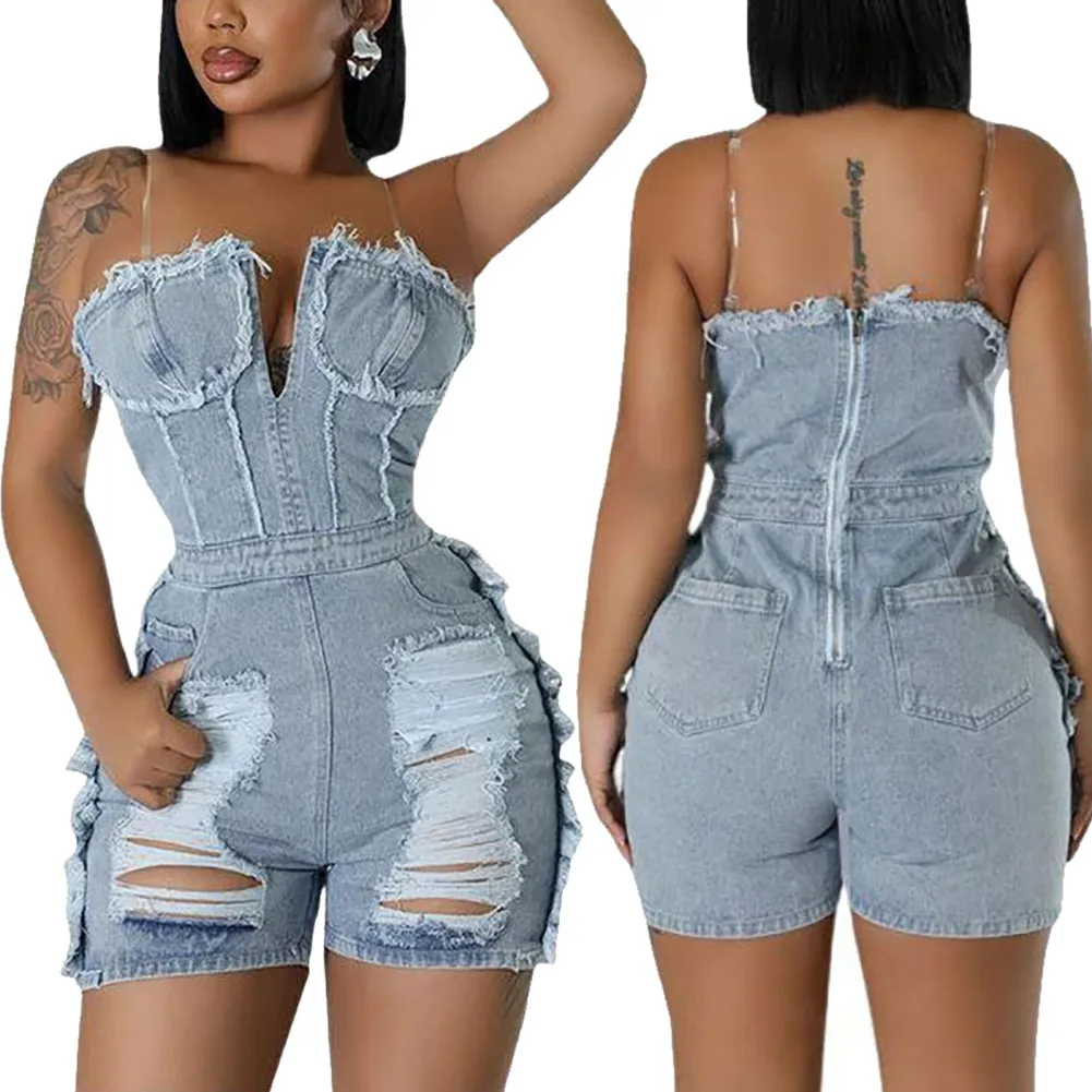 

Women Strapless Plunging V-neck Sleeveless Cutout Denim Jumpsuit 2023 Summer Chic Jeans Romper Set Playsuit