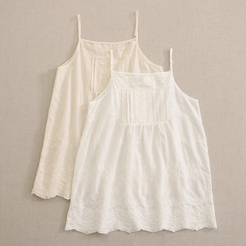 

Japanese Sweet Mori Girl Solid Color Embroidery 100% Cotton Camis Tops Women Summer New Lolita Casual Loose Tank Tops