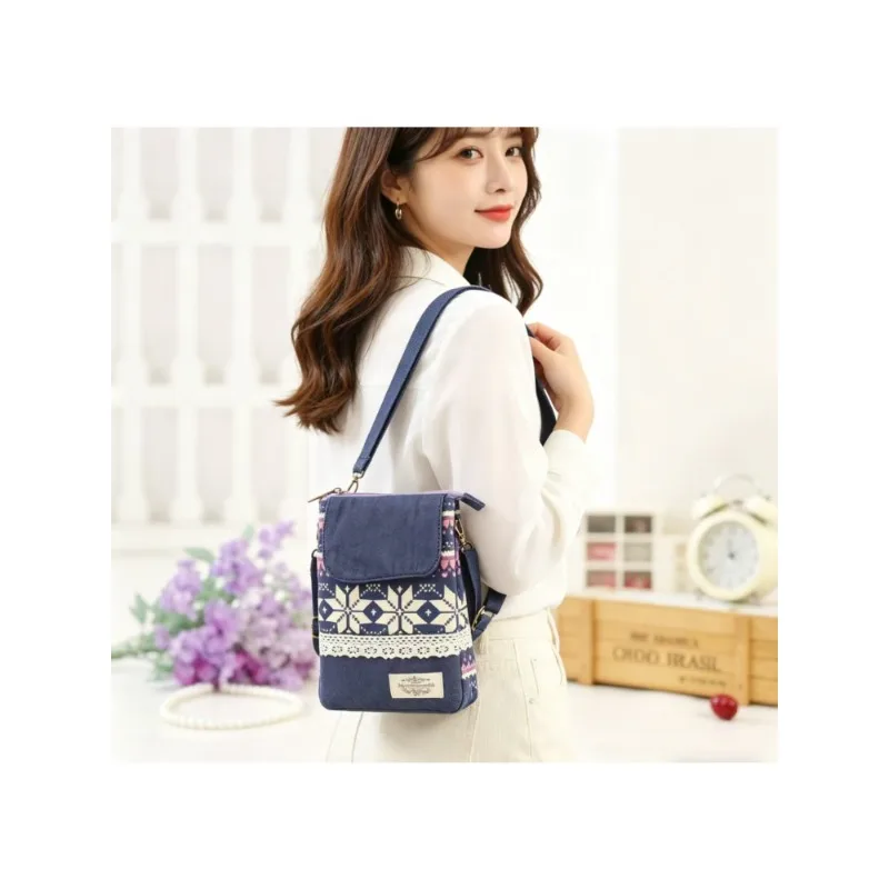 

Pastoral leaf large-screen fabric 5-layer messenger mobile phone bag, women's diagonal span bag