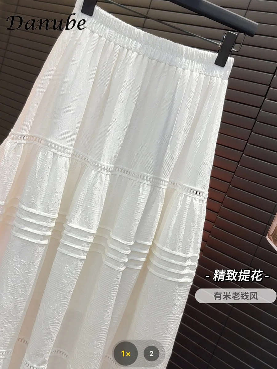 Vintage White Cotton Linen A-line Pleated Skirt Women Elegant Korean Design High Waist Loose Long Skirts Female Casual Clothes