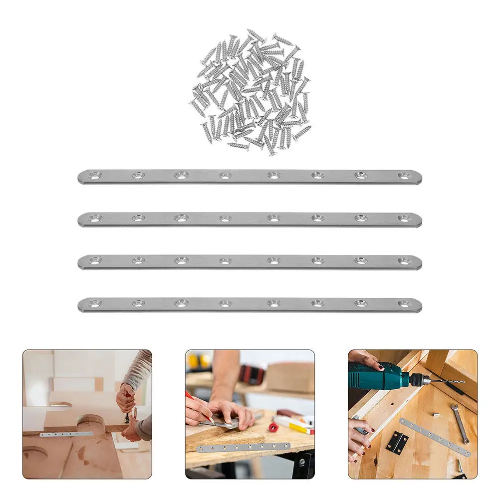 1Set Flat Mending Plate Repair Bracket Stainless Steel 12 Inch Straight Steel Plates for Wood Furniture Fixing Shelf Bracket