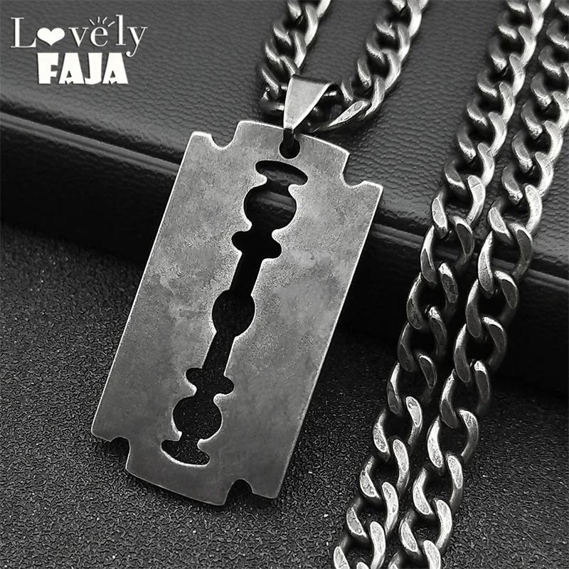 Stainless Steel Razor Blade Long Necklace for Men Women Black Color Punk Gothic Steampunk Grunge Hip Hop Necklaces Jewelry 913