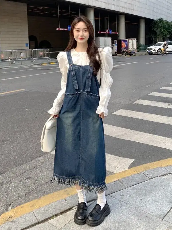 Vestido vaquero midi vintage con flecos para mujer, estilo universitario, sin marca registrada, talla grande, para primavera ...