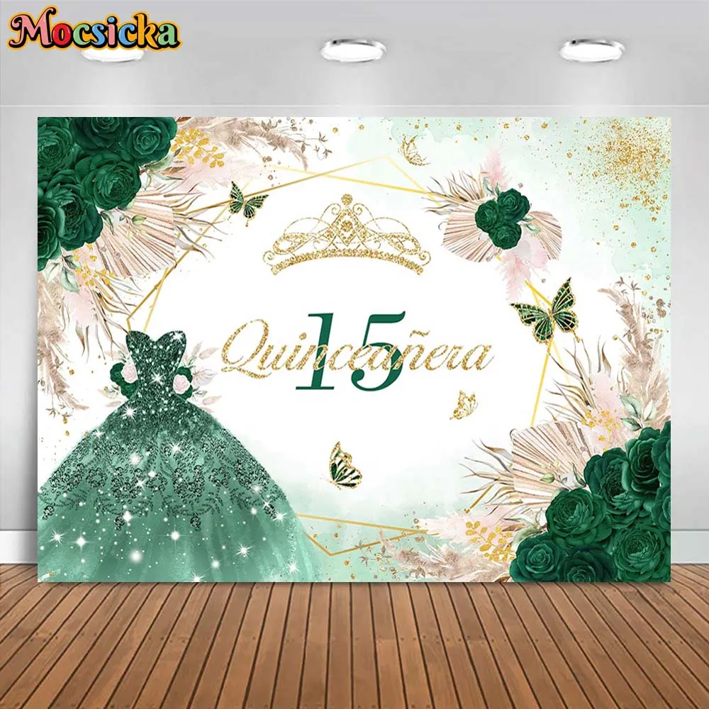 Mocsicka Bohemian 15th Birthday Backdrop Green Dress Flowers Girl Fifteen Birthday Party Decor Background Quinceañera 15 Poster