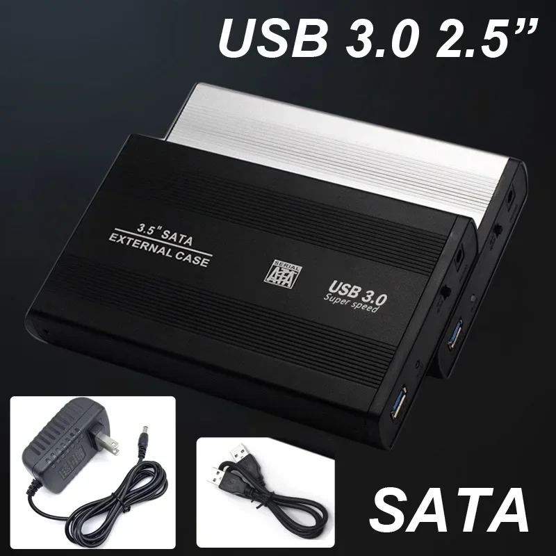 3.5 inch USB 3.0 Hard Drive Disk HDD External Enclosure Box Case Aluminum Caddy  Sata +Cable+AC DC Power Charger 12v 2A