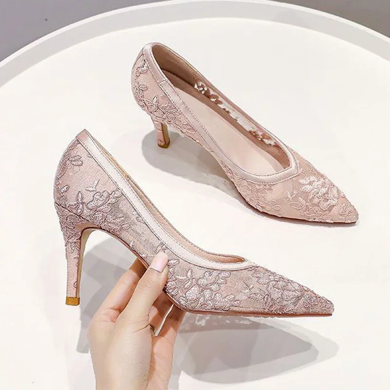 Sexy Embroidered Flowers Mesh High Heel Nude Pointed Toe Stilettos Pumps Lace Mesh High Heel Women Shoes 8CM/10CM Heels Shoes