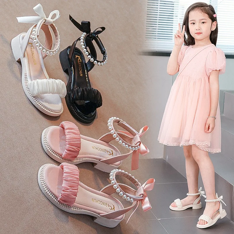 

Children's Sandals Summer Elegant Girl Princess Dress Bowtie Sandals Fashion Beading Ankle Strap Kids Causal Sweet Roman Sandals