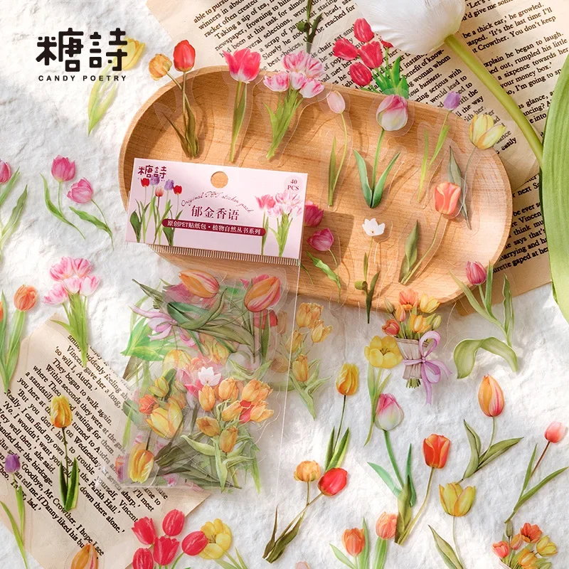 40 pz/borsa PET Stickers Bag Retro Nature Series Plant Fungu Mushroom felce Tulip Daisy Hand Ledger adesivi decorativi fai da te