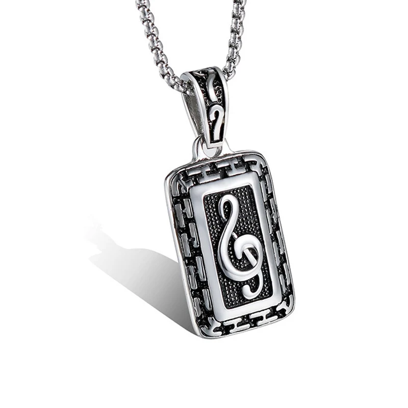 Punk Titanium Steel Music Notation Musical Note Square Pendants Necklace for Men Retro Jewelry Silver Color Never Fade